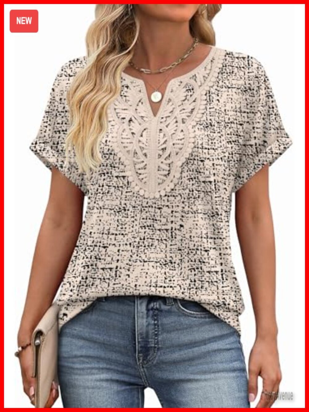 90% Polyester 10% Spandex Boho Lace V-Neck Tunic Top Short Sleeve Dressy Casual
